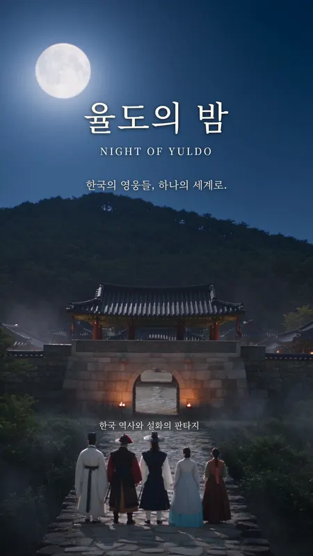 五位英雄聚集在韩国山城前，画面上方是栗岛之夜的标题
